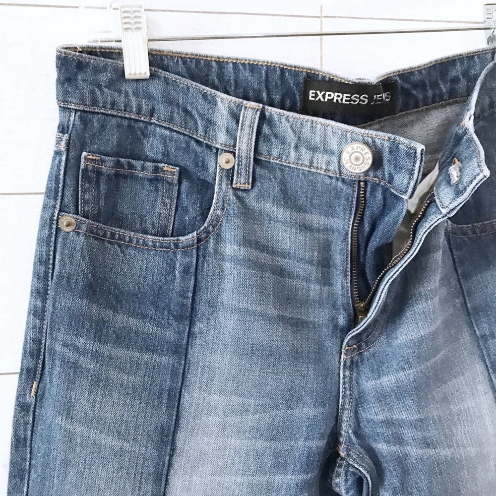 Express Blue Two Tone Raw Denim Girlfriend Jeans - Picture 4 of 8